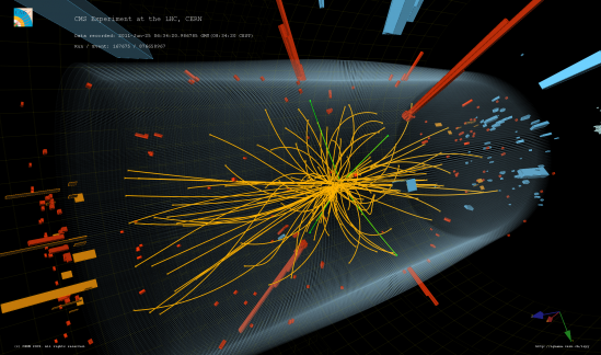 Egy Higgs-bozon keletkezési esemény képe a CMS detektorban. A keletkezett nehéz Higgs-részecske (tömege a proton tömegének mintegy 130-szorosa) azonnal elbomlik négy elektronra, amelyek energiájukat leadják a detektor anyagában. A leadott energiát a piros téglatestek jelképezik, míg a töltött részecskék nyomát a berendezés mágneses terében a sárga vonalak