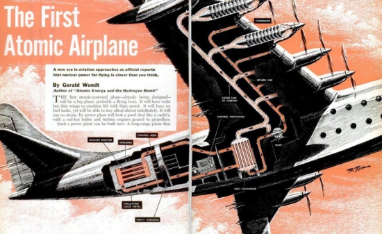 1951-es újságkivágat egy elképzelt atommeghajtású repülőgépről, amelynél a fedélzeti atomreaktor által felforralt víz hajtotta volna a légcsavarokat forgató gőzturbinákat