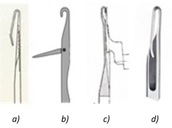 3. ábra Kötőgépeken használatos különféle tűkiképzések. a) Horgas, b) kanalas, c) tolókás, d) karabiner tű
